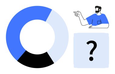 Mavi ve siyah kesitli renkli pasta grafiği. Mavi karede yüzen bir soru işaretini gösteren kişi. İş analizleri, problem çözme, veri analizi, karar verme süreci için ideal