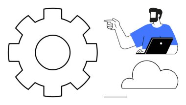 Laptop kullanan ve işaret eden bir adam, solda büyük vites simgesi, altta bulut simgesi. Teknoloji, bağlantı, bulut hesaplama, mühendislik, takım çalışması, yazılım geliştirme dijital iletişim için ideal