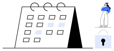 Gri üste duran takvim, mavi düşünen kişi ve asma kilit. Zamanlama, güvenlik, planlama, düşünme, gizlilik zamanı yönetimi ve son teslim tarihleri için ideal. Basit soyut