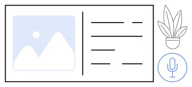 Dijital profil kartında yer tutucu resmi, metin satırları, saksı simgesi ve mikrofon sembolü var. Kişisel profiller, iletişim kartları, çevrimiçi kimlik, sosyal medya, portföy için ideal