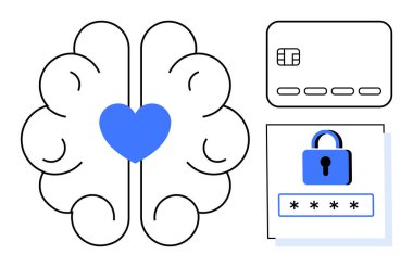 Kalp sembollü beyin, kredi kartı ve şifreli kilit güvenlik, kişisel veri ve finans arasındaki ilişkiyi vurguluyor. İnternet üzerinden siber güvenlik, fintech, mahremiyet ve akıl sağlığı için ideal