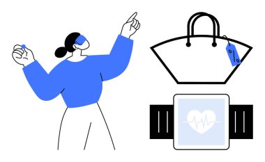 Kadın VR kulaklık takıyor, sanal nesnelerle etkileşime giriyor, el çantasını parmakla ve akıllı gözlerle bakıyor. Sanal alışveriş, e-ticaret, teknoloji, VR uygulamaları, akıllı ürünler, perakende yenilikler için ideal.