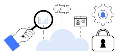 Bulut parçasına, takvime, teçhizata ve kilide bağlı olarak el ele tutuşan büyüteç. Veri analizi, bulut depolama, zamanlama, bildirimler, güvenlik entegrasyonu için ideal