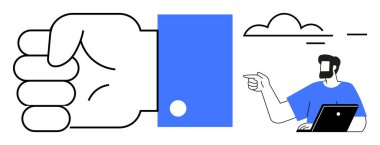 Arkaplanda bulut olan bir dizüstü bilgisayar üzerinde çalışırken kapalı yumruklar ve adam onu işaret ediyor. Karar vermek için ideal, otorite, rehberlik, onay, odaklanma, yönlendirme, liderlik. Soyut satır düzlüğü