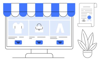 Bilgisayar ekranında giysi ürünleri, mavi tente, mühürlü rulo belge ve bitki var. E-ticaret, çevrimiçi alışveriş, perakende satış, dijital pazarlama, küçük işletme web sitesi için ideal