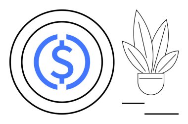 Çizgili saksı bitkisinin yanında eş merkezli daireler olan büyük mavi dolar işareti. Finans, yatırım, büyüme, tasarruf, sürdürülebilirlik, ekonomik sağlık ve mali hedefler için ideal. Modern soyut