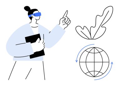 AR gözlüğü takan kişi, yüzen bir yaprak ve oklu küreyi işaret ederken bir tablet tutuyor. Teknoloji, yenilik, çevre, sürdürülebilirlik, sanal gerçeklik, küresel bağlantı için ideal