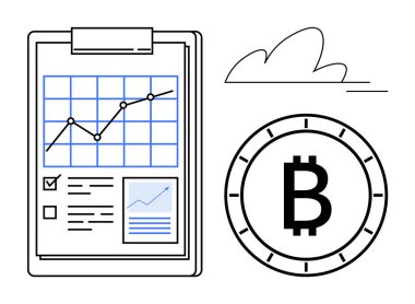 Finansal büyüme grafikli pano ve Bitcoin sembolünün yanında işaretli kutucuk, arka planda bulut. Finansal analiz, kripto para birimi, piyasa eğilimleri, yatırım içgörüleri, dijital