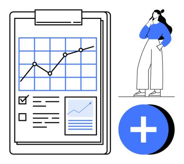 Düşünen kadın, grafik çizelgesi olan büyük bir pano, onay kutuları, belge simgesi, büyük artı işareti. İş analizi, büyüme, karar verme, veri trendleri proje yönetimi planlaması için ideal