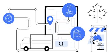 Teslimat kamyonu güzergahı, kronometre, raptiyeli harita, fabrika, depo ikonları, çevrimiçi mağaza girişleri. Lojistik, e-ticaret, dağıtım hizmetleri rotası optimizasyon tedarik zinciri çevrimiçi alışveriş için ideal