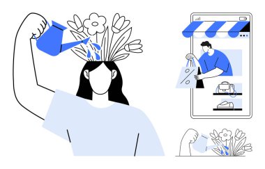 Başlarından çıkan çiçekleri sulayan insanlar yaratıcılığın geliştiğini gösteriyor. Elinde büyük bir akıllı telefondan alışveriş çantası tutan kişi online alışverişi vurguluyor. Zihinsel büyüme kavramları için ideal