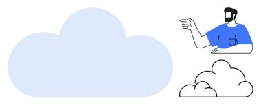 Bulut şekillerini işaret eden adam etkileşim, teknoloji ve yenilik öneriyor. Konseptler için idealdir. Bulut hesaplama, iletişim, veri depolama, gelecekteki fikirler, hayal gücü yaratıcılığı