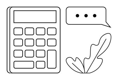 Düğmeli hesap makinesi, elipsli konuşma balonu ve soyut yaprak çizimi. Eğitim, finans, iletişim, teknoloji ve çevre sadeliği için idealdir. Modern berrak verimli