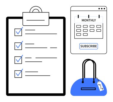 Ögelerin yanında kontrol işaretleri, aylık abonelik takvimi ve fiyat etiketli mavi el çantası olan kontrol listesi. Üretkenlik, planlama, organizasyon, programlama, e-ticaret, abonelik için ideal