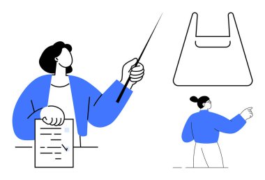 Belgeyi elinde tutan kişi, objeyi göstermek için işaretleyici kullanıyor. Eğitmen el hareketi yapıyor. İş eğitimi, sunumlar, stratejik planlama, kurumsal iletişim, eğitim, kılavuzlar için ideal