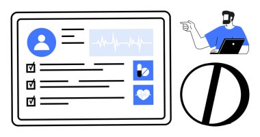Tıbbi gösterge paneli kullanıcı profili, EKG, kontrol listesi, ilaçlar ve kalp sağlığı simgeleri gösteriyor. Doktor tabletle tavsiye veriyor. Sağlık yönetimi, teletıp, hasta kayıtları için ideal