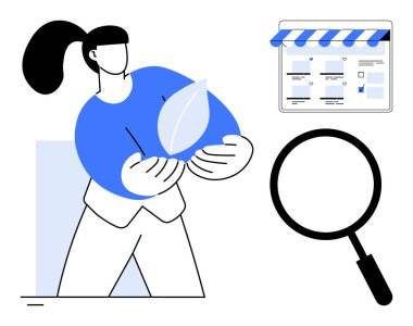 Yaprak tutan bir kadın, çevreci yaklaşımı temsil eden, çevrimiçi bir mağaza arayüzü ve büyüteçle. Sürdürülebilirlik, e-ticaret, araştırma, analiz, yeşil iş, teknoloji için ideal