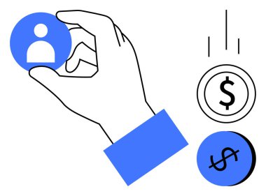 İnsan el ele tutuşan kişi ikonu, dolar simgeleri tarafından temsil edilen finansal kazançları hedef alıyor. İdeal insan kaynakları, işe alım, yatırım, finans, iş stratejisi, insan sermayesi, kurumsal yönetim