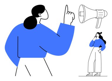 Two figures in blue attire, one pointing upward and the other listening, highlight communication dynamics. Nearby megaphone underscores emphasis on speaking and hearing. Ideal for teamwork clipart