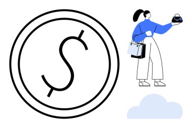 Büyük dolar işareti, alışveriş torbaları ve çanta taşıyan bir kadın, altta bulut. Tüketici davranışı, perakende, harcama, finans, ekonomik bütçe alışveriş alışkanlıkları için idealdir. Soyut çizgi düz metafor