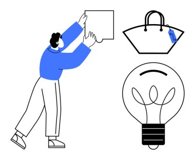 Alışveriş çantası ve ampulün yanında yapboz parçası tutan kişi. Problem çözme, alışveriş, yenilik, yaratıcılık, çözümler, perakende konsepti ve iş stratejisi için idealdir. Soyut satır düzlüğü