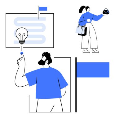 Ampul fikrini işaret eden bir erkek figürü, elinde alımlar olan bir kadın. Takım çalışması, yenilik, alışveriş, işbirliği, modern tasarım, yaratıcılık üretkenliği kavramları için idealdir. Mavi aksanlı soyut satır