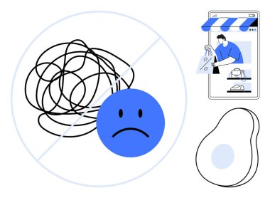 Üzgün yüzle karışık karalamalar kafa karışıklığını temsil eder. Yanında, online alışveriş sahnesi ve bir avokado. Organizasyon, e-ticaret, müşteri memnuniyeti, basitlik, dijital çözümler için ideal