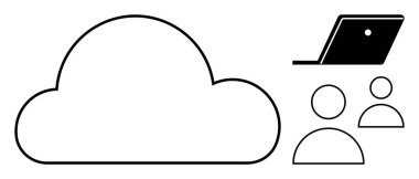 Bulut taslağı, dizüstü bilgisayar, iki kullanıcı simgesi. Teknoloji kavramları, işbirliği, uzaktan çalışma, veri depolama, bağlantı SaaS bulut hizmetleri için ideal. Minimalist tasarım modern teknoloji soyut çizgi düz