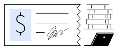 Dolar işareti, imza, kitap yığınları ve dizüstü bilgisayarla kontrol et. Finans, dijital ödemeler, eğitim, e-kitaplar, çevrimiçi işlem muhasebe bilgileri için ideal. Soyut çizgi düz metafor