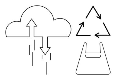 Okları olan bulut simgesi, geri dönüşüm sembolü ve yeniden kullanılabilir çanta simgesi. Sürdürülebilirlik, eko-farkındalık, teknoloji, atık yönetimi, yenilenebilir kaynaklar, çevre eğitimi dijital depolama