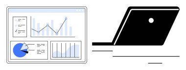 Çubuk grafikler, pasta grafiği ve açık bir dizüstü bilgisayarın yanında bir ekran grafiği. İş için ideal, veri analizi, sunumlar, raporlar, finans teknolojisi verimliliği. Basit soyut çizgi düz