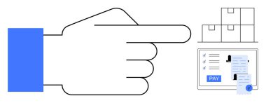 Elle ekranı göstererek arka planda istiflenmiş kutuları gösteren bir ödeme makbuzu. Lojistik, e-ticaret, çevrimiçi işlemler, dağıtım hizmetleri, sipariş işleme, iş için ideal