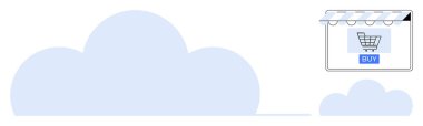 Mavi bulutlar ve alışveriş arabası ve satın alma düğmesi olan vitrin çizelgesi. E-ticaret, bulut depolama, dijital pazarlama, online alışveriş, SaaS, internet hizmetleri, bulut teknolojisi için ideal. Temiz