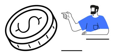 Mavi gömlekli, siyah saçlı ve sakallı adam dolar işareti olan büyük bir madeni parayı işaret ediyor. Finans, yatırım, tasarruf, iş, ekonomi, zenginlik ve rehberlik için ideal. Minimalist çizgi düz stil