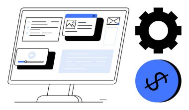 Bilgisayar monitörü çoklu uygulama gereçlerini, ayarları ve dolar işaretini gösteriyor. Dijital yönetim, web geliştirme, teknik destek, finans, uygulamalar programlama, çevrimiçi hizmetler için ideal