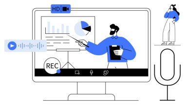 Bilgisayar ekranında bir kişinin grafikler, kayıt göstergesi ve mikrofonla sunum yaptığı görülüyor. Eğitim içeriği için ideal, çevrimiçi toplantılar, web sayfaları, uzaktan çalışma, dijital