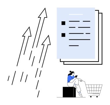 Yukarıya bakan oklar bilgi için istiflenmiş belgeleri işaret ediyor. Ya da alışveriş arabasının yanında oturan kadını telefonla. İş büyümesi, veri yönetimi, üretkenlik, çevrimiçi için ideal