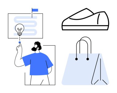 Ampul fikrine, ayakkabı illüstrasyonuna ve perakende ve yaratıcılığı sembolize eden alışveriş çantasına bakan bir adam. E-ticaret, ticari yenilik, moda pazarlaması, reklamcılık, perakende stratejisi için ideal