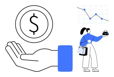 Telefon ve alışveriş torbalarıyla bütçe analizi yapan bir kadın, dolar işareti ve finansal grafiği sembolize eden bir elin yanında. Finans, bütçe, yatırım, harcama alışkanlıkları, kişisel para için ideal