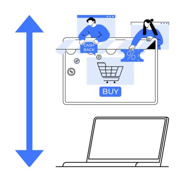 Nakit parası ve indirimi olan iki kişi bir alışveriş arabası ve satın alma düğmesi gösteren bir dizüstü bilgisayar ekranı üzerinden teklif veriyor. E-ticaret, çevrimiçi alışveriş, pazarlama, dijital satış, promosyonlar, web tasarımı için ideal