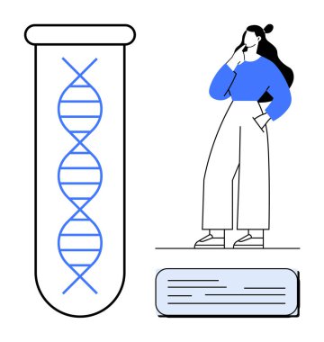 Düşünceli bir şekilde ayakta duran kadın, DNA ipliği ile büyük bir test tüpü, kitap aşağıda. Genetik, bilimsel araştırma, yenilik, eğitim, biyoteknoloji keşif zihin haritası için idealdir. Soyut satır düzlüğü