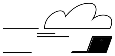 Bulut ve çizgiler veri akışını bir dizüstü bilgisayarla etkileşime girerken gösteriyor. Teknoloji, bulut depolama, uzaktan çalışma, ağ, veri transferi, dijital bağlantı, soyut düz metafor için ideal