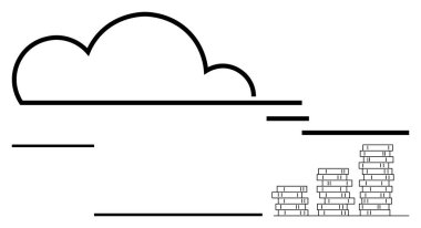 Büyük bulut sembolü istiflenmiş kitaplarla bir bar çizelgesine başparmak basıyor. Veri depolama, eğitim, teknoloji büyümesi, dijital kütüphaneler, öğrenme süreci, yenilik, soyut çizgi