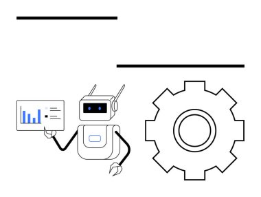 Robot, büyük dişli bir veri tablosu tutuyor. İşlem otomasyonunu, yeniliği ve yapay zeka destekli çözümleri sembolize ediyor. Teknoloji, yapay zeka, robot bilimi, veri işleme, mühendislik, dijital dönüşüm için ideal