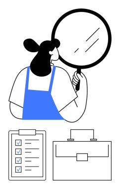 Woman holding magnifying glass, inspecting closely. Below, checklist with ticks and briefcase. Ideal for productivity, work analysis, organization, personal development, career readiness abstract clipart