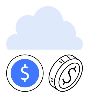 Dolar işaretli iki madeni paranın üzerindeki bulut çevrimiçi işlemleri, dijital ödemeleri ve bulut temelli finansal sistemleri sembolize ediyor. Finans, e-ticaret, fintech, yatırım, tasarruf, teknoloji için ideal