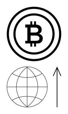 Daire şeklinde bir Bitcoin logosu, bir küre ve yukarı doğru bir ok. Dijital para birimi, küresel finans, engelleme teknolojisi, ekonomik büyüme, yatırım stratejileri, teknolojik dönüşüm yeniliği için ideal