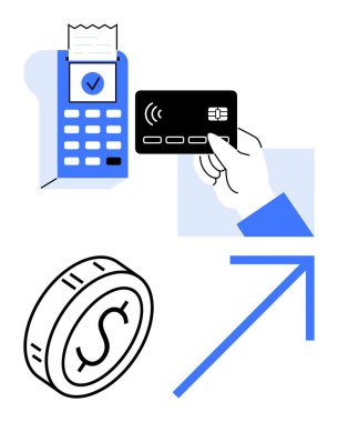 Ödeme terminalinin yanında kontaksız kart, para ikonu, yukarı doğru ok. Dijital işlemler, finansal büyüme, e-ticaret, bankacılık, fintech, iş başarısı soyut hat için ideal