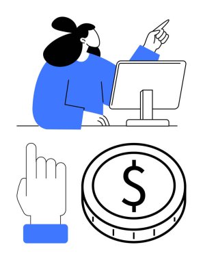 Ekranla etkileşime giren kadın, yukarı doğru el hareketi simgesi ve aşağıda tasvir edilen para. Finans, teknoloji, yatırımlar, ticaret, karar verme, analitik, soyut çizgi için ideal