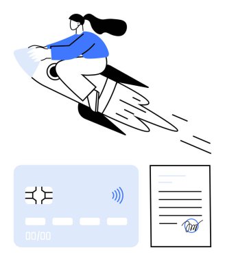 Roketli bir kadın hız ve hırsı temsil ediyor. Yanında da kredi kartı ve imzalı bir belge var. Finansal büyüme için ideal, çevrimiçi ödeme, sözleşmeler, girişimler, yenilik, fintech, soyut çizgi